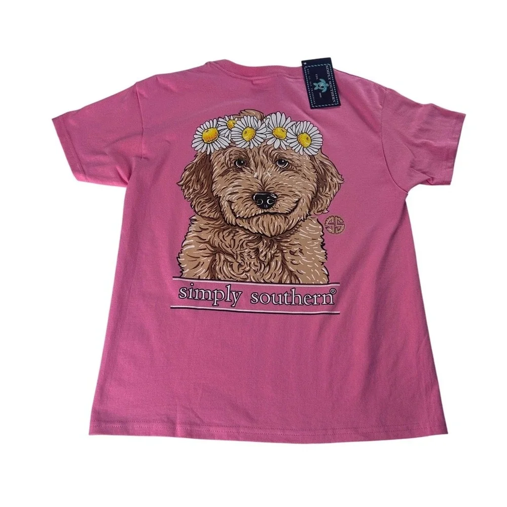 Simply Southern Youth Small Pink Goldendoodle Daisy Graphic T-Shirt NWT DSG Y SS